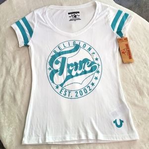 True Religion Women's Tee White w/turquoise design Sz Small NWT